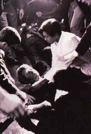 Ambassador busboy Juan Romero tries to comfort Robert Kennedy moments after he was shot